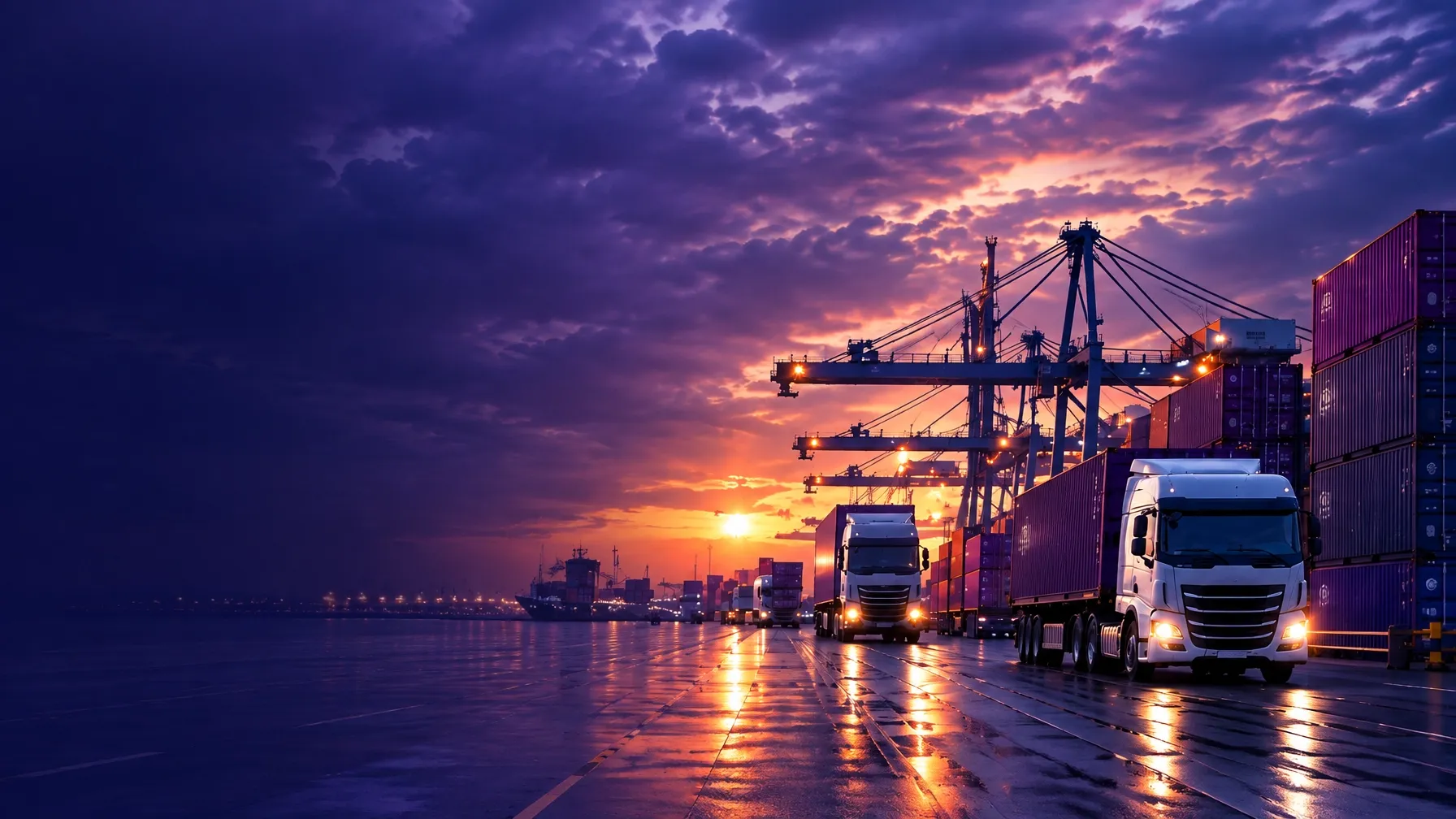 Cargo cranes, shipping containers and trucks at a global port at sunset